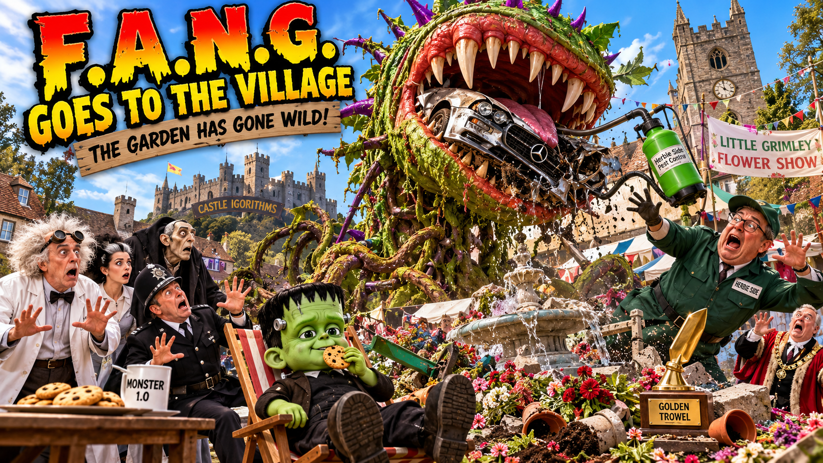 Giant carnivorous plant F.A.N.G. rampages through the Little Grimley flower show as Dr. Altmanstein, Igor, Inspector Graves, Herbie Side, and MONSTER 1.0 confront the botanical disaster.