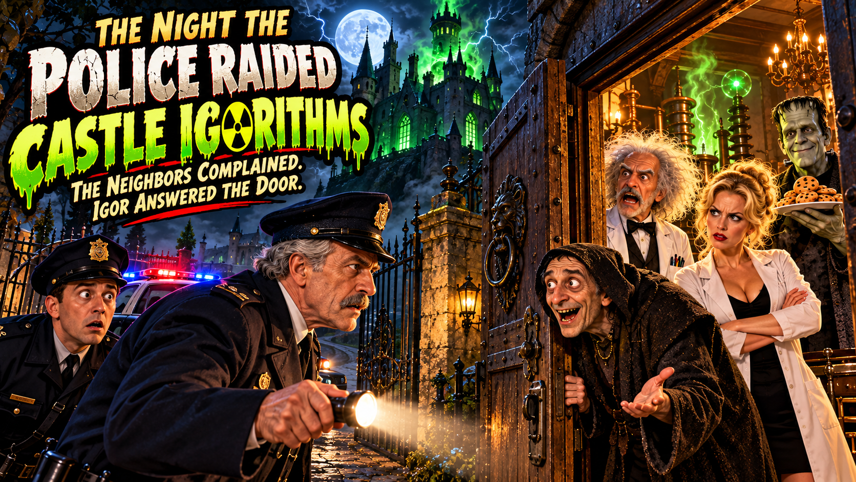 Inspector Graves and a young police officer investigate Castle IGORITHMS as Igor opens the door, Dr. Altmanstein protests, blonde Abby Normal watches, and MONSTER 1.0 offers cookies beneath an eerie green glow.
