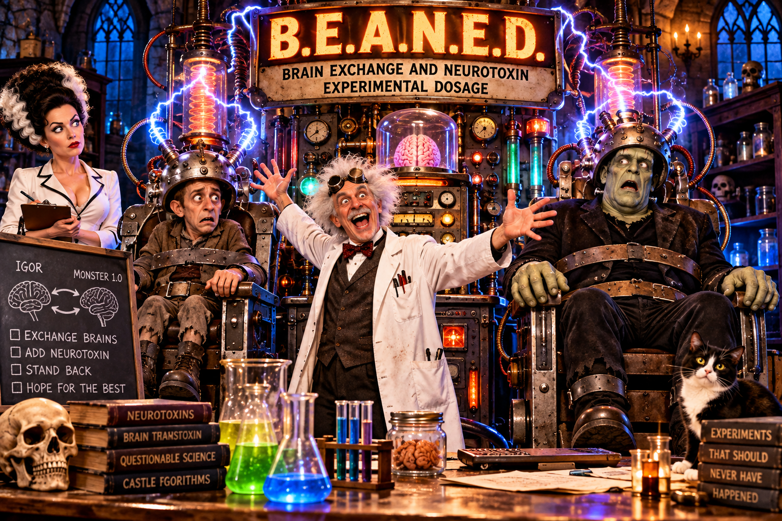 Dr. Altmanstein celebrates beside his B.E.A.N.E.D. brain-exchange machine as Igor and MONSTER 1.0 sit strapped into electrified chairs in the Castle IGORITHMS laboratory.
